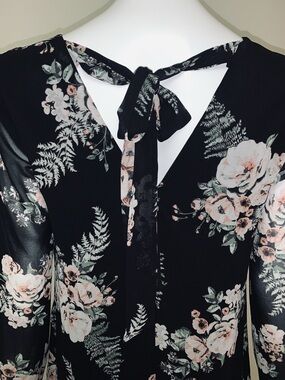 NWOT BCBG Dress with Floral Print and Bow Neckline, Sheer Long Sleeves, Lined